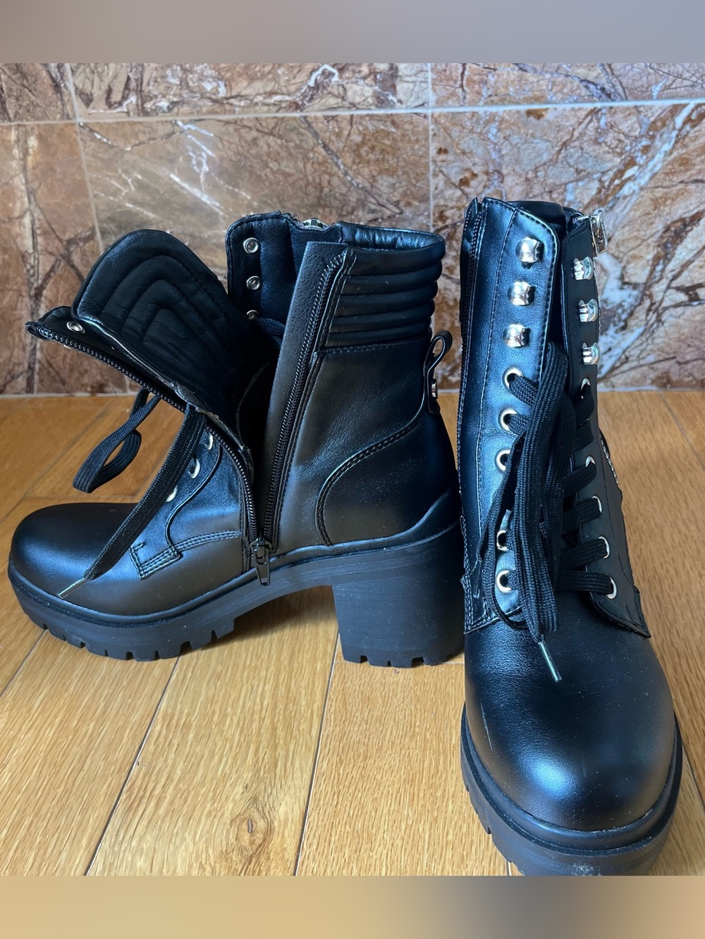 Nine West Black Lace-Up Platform Combat Boots with Silver Hardware - Picture 3 of 7
